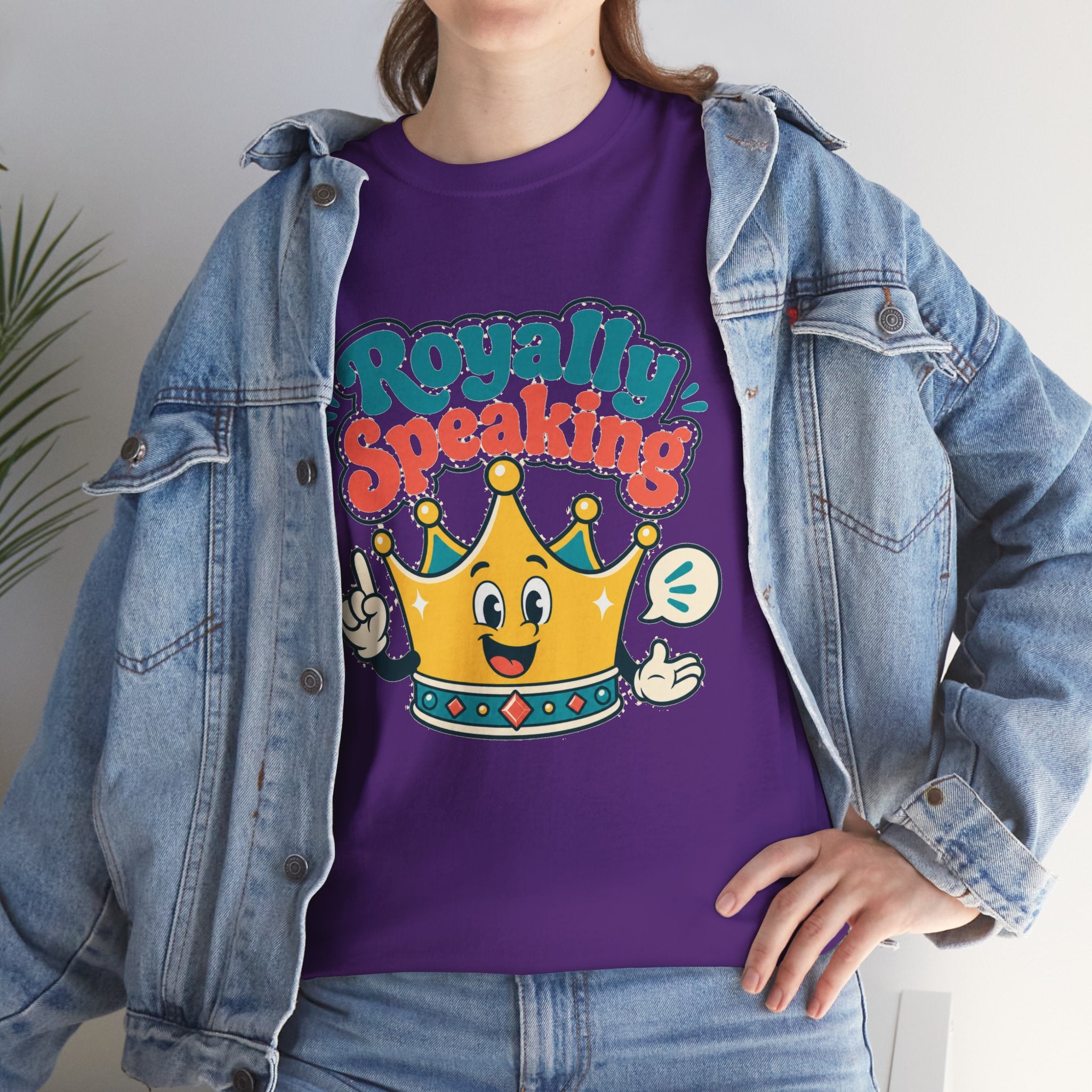 "Royally Speaking" Crown Graphic Tee — Cute Retro Cartoon King T‑Shirt -- Gildan 5000