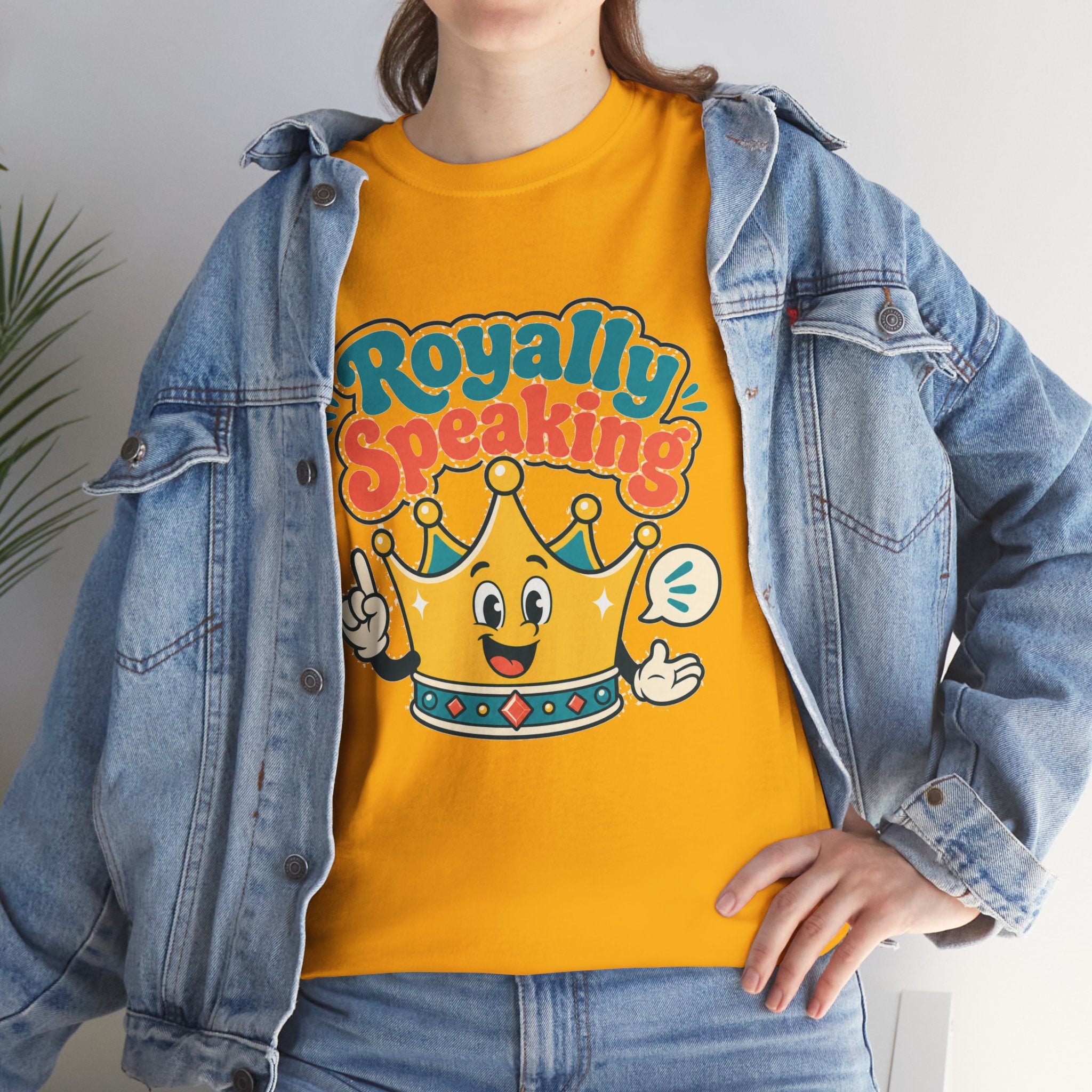 "Royally Speaking" Crown Graphic Tee — Cute Retro Cartoon King T‑Shirt -- Gildan 5000