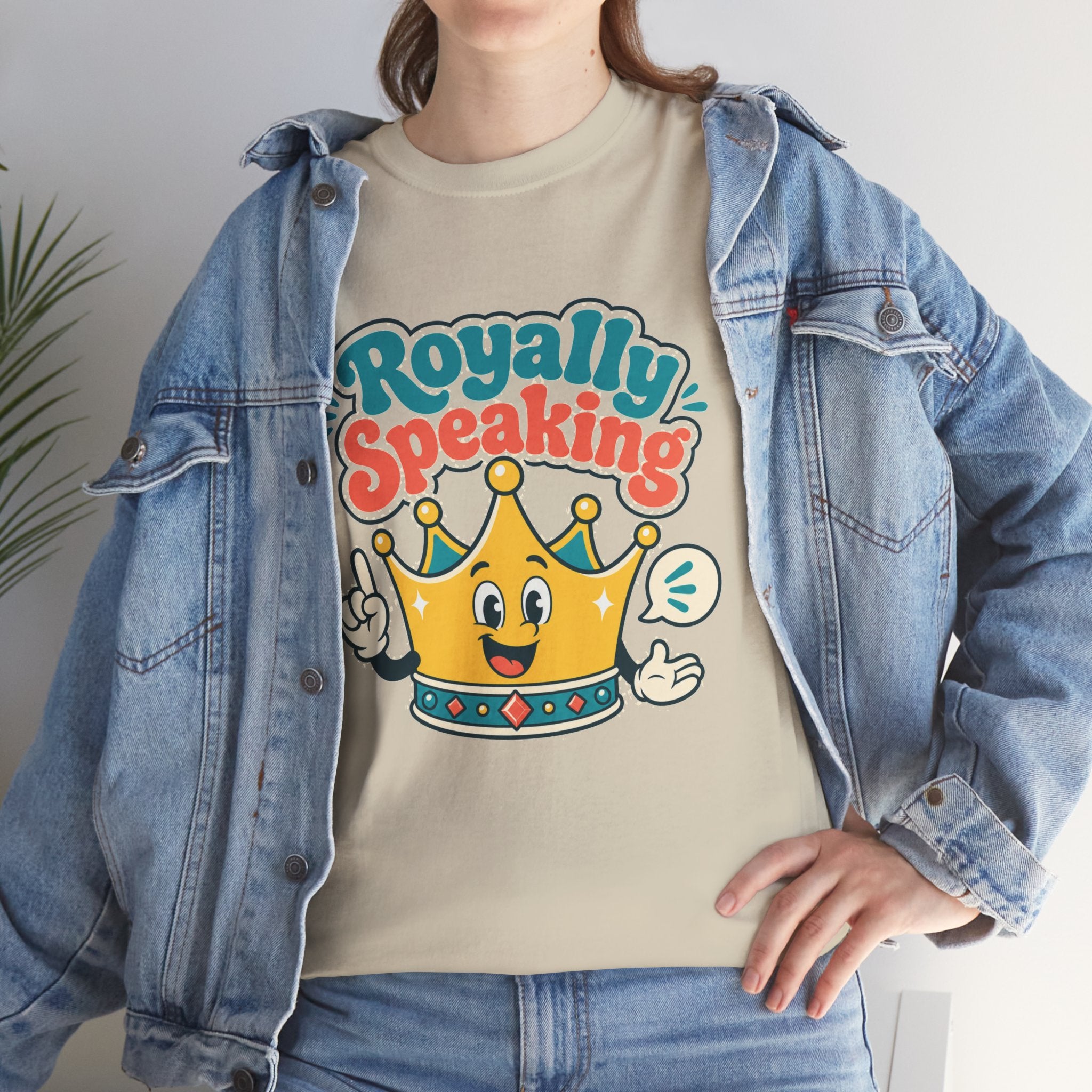 "Royally Speaking" Crown Graphic Tee — Cute Retro Cartoon King T‑Shirt -- Gildan 5000