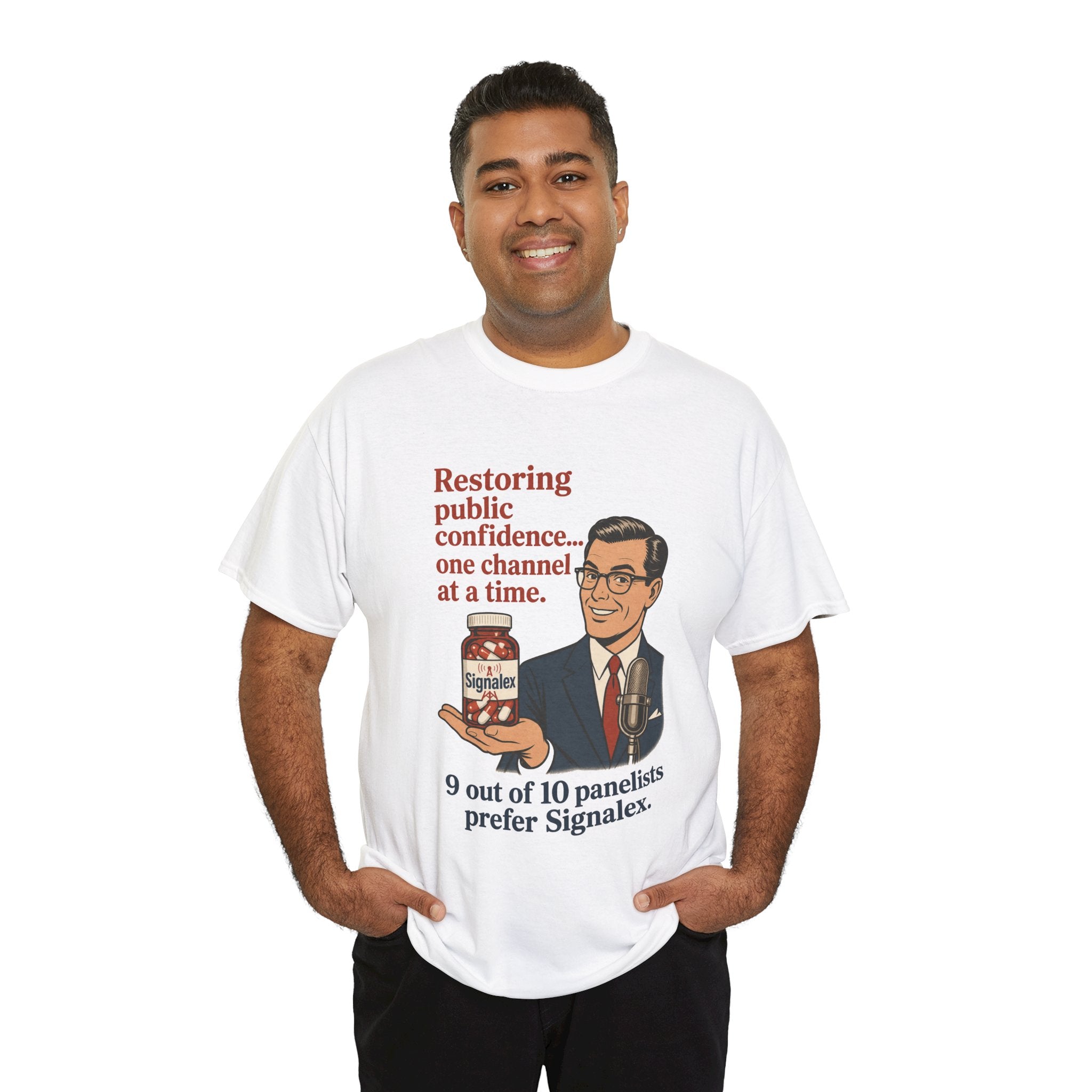 “Restoring public confidence… one channel at a time. 9 out of 10 panelists prefer Signalex.” Vintage Satire Tee -- Gildan 5000