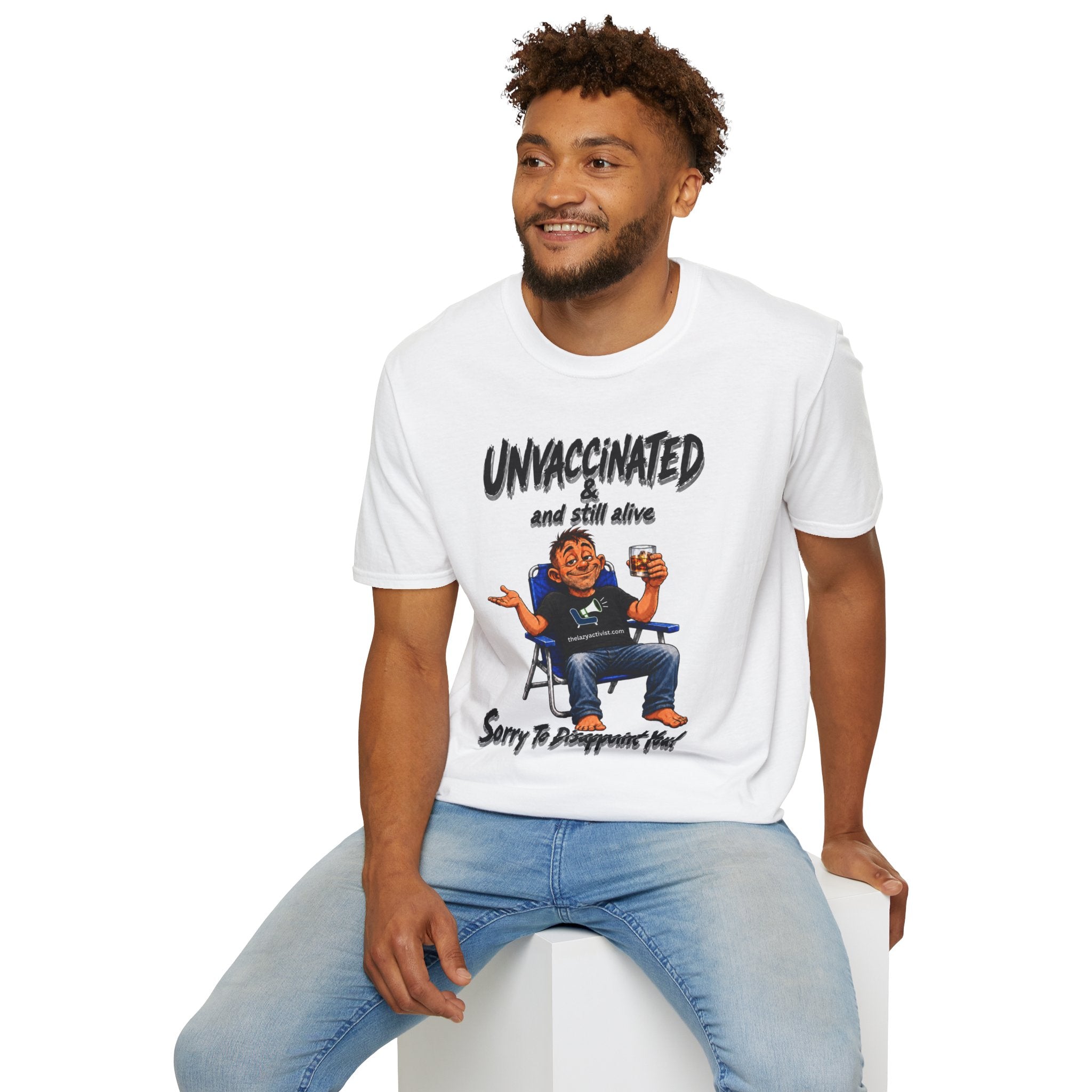 "Unvaccinated & Still Alive" Funny Retro Character Tee -- Gildan 64000