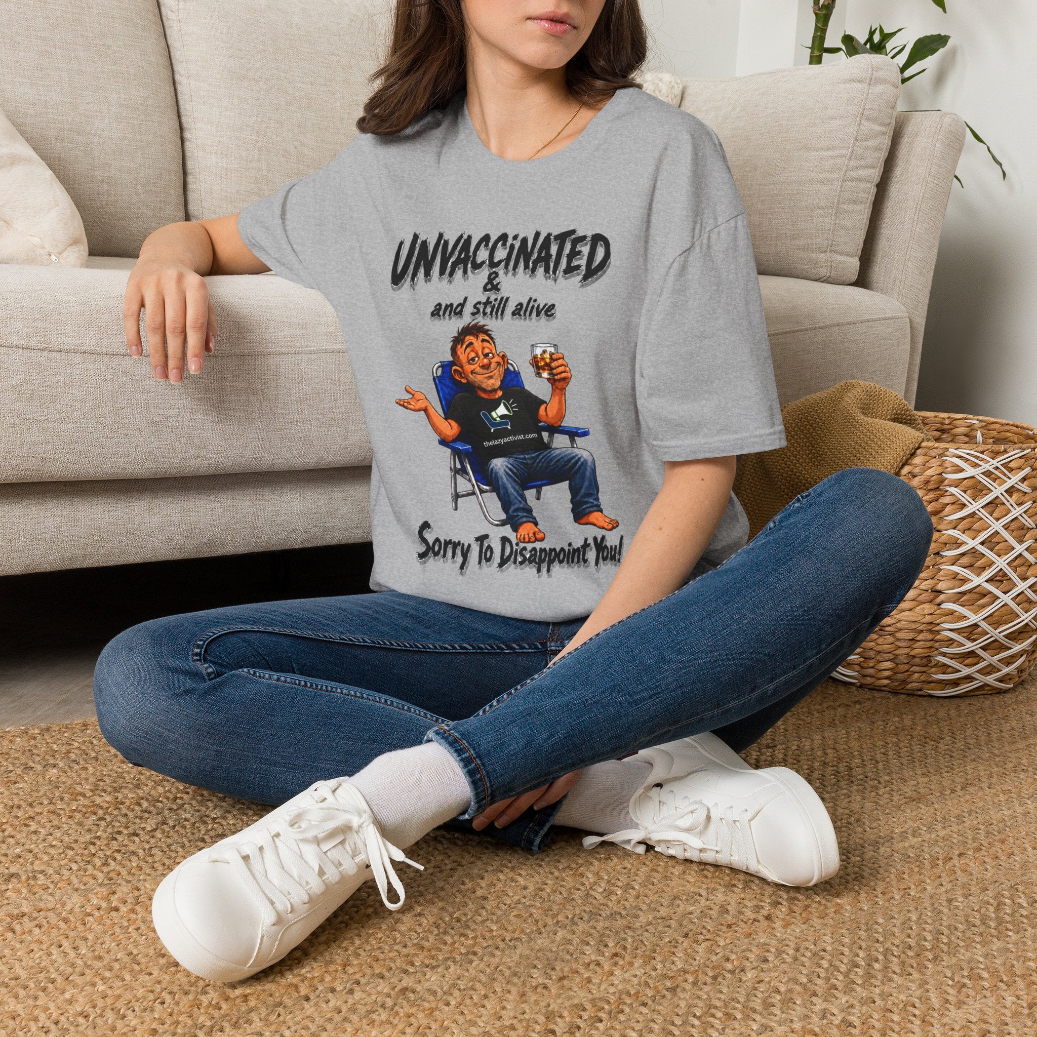 "Unvaccinated & Still Alive" Funny Retro Character Tee -- Gildan 64000