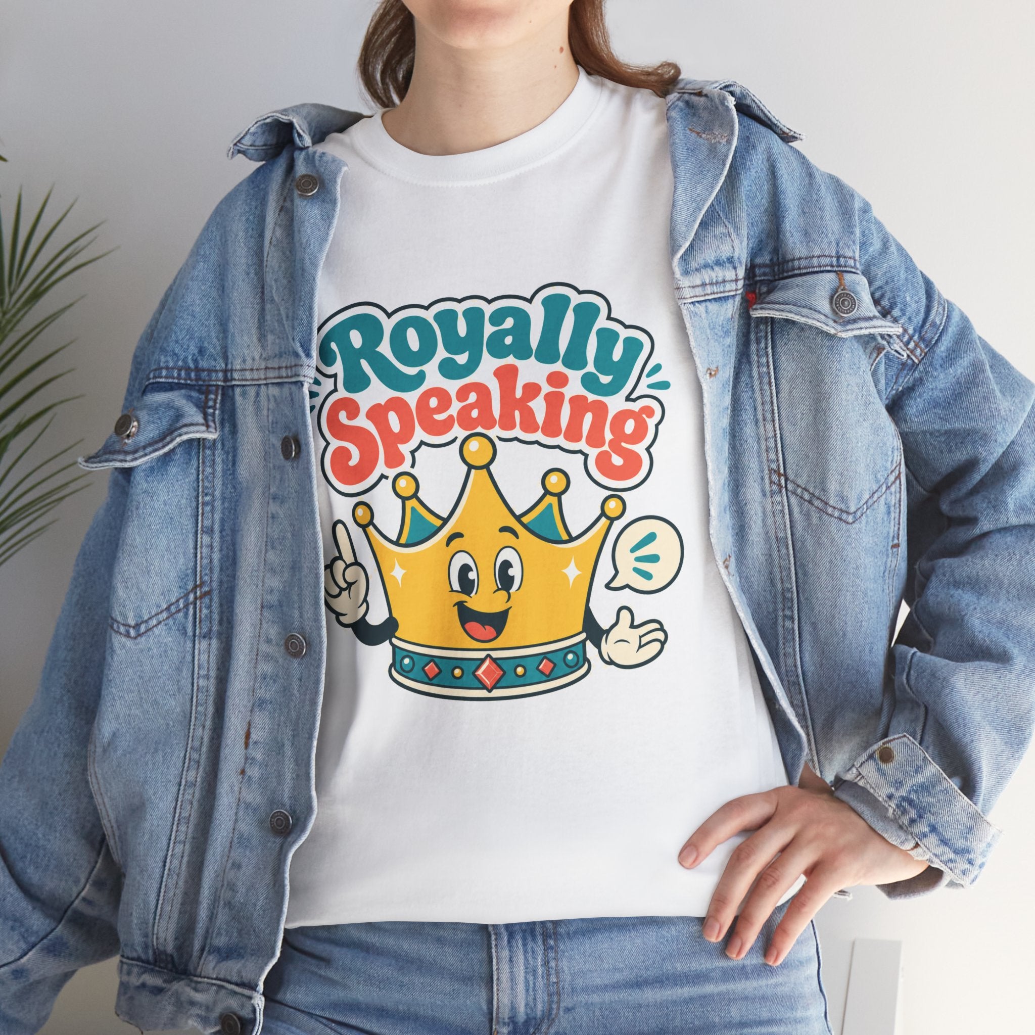 "Royally Speaking" Crown Graphic Tee — Cute Retro Cartoon King T‑Shirt -- Gildan 5000