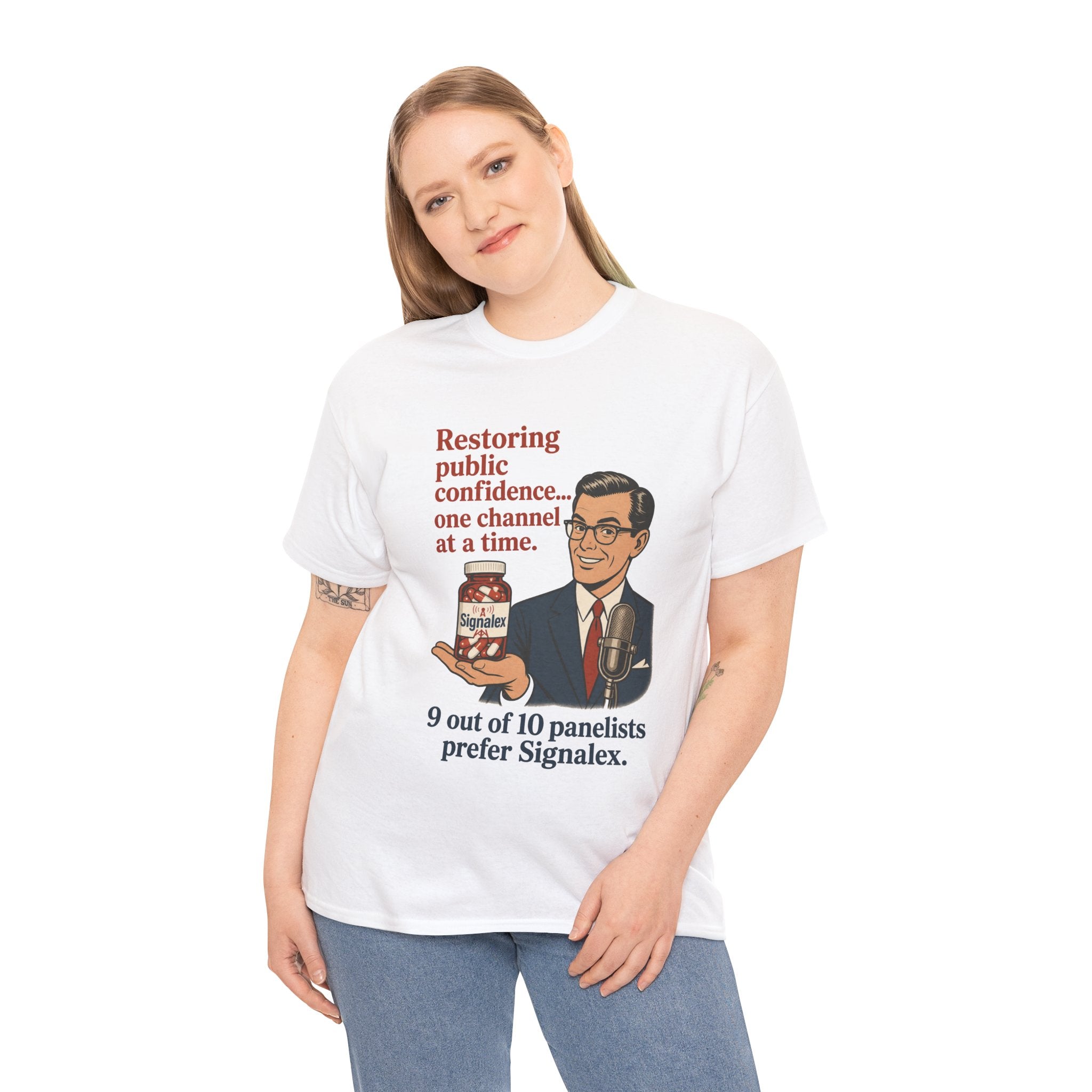 “Restoring public confidence… one channel at a time. 9 out of 10 panelists prefer Signalex.” Vintage Satire Tee -- Gildan 5000