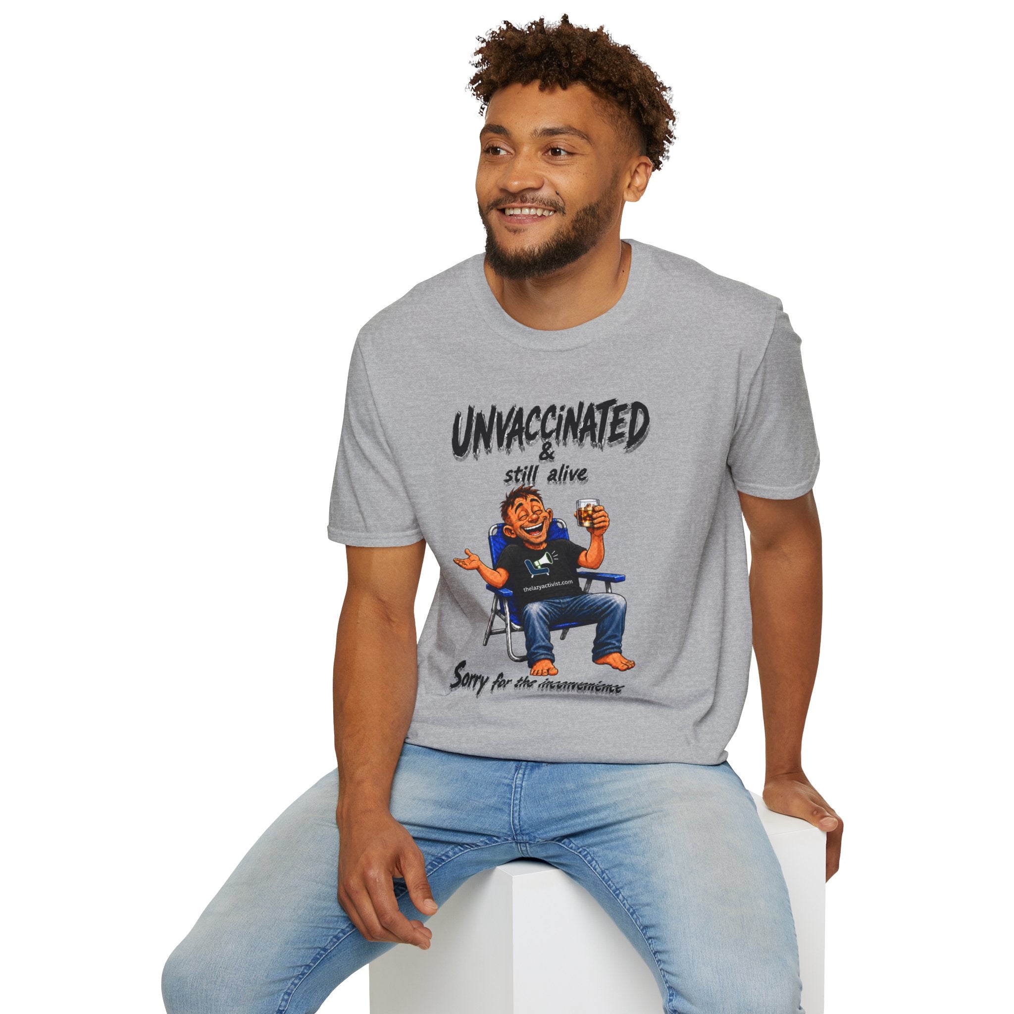 "Unvaccinated & Still Alive" Novelty Political Statement Tee -- Gildan 64000
