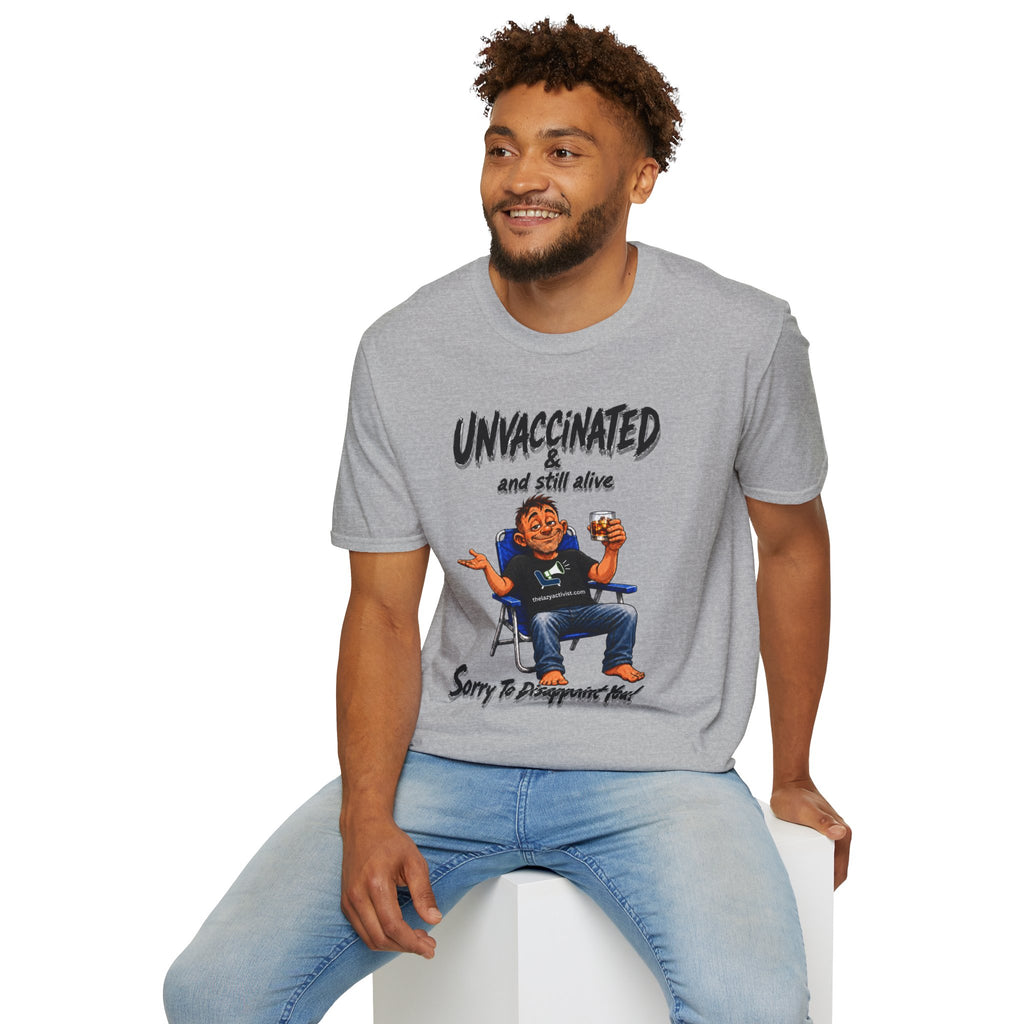 "Unvaccinated & Still Alive" Funny Retro Character Tee -- Gildan 64000