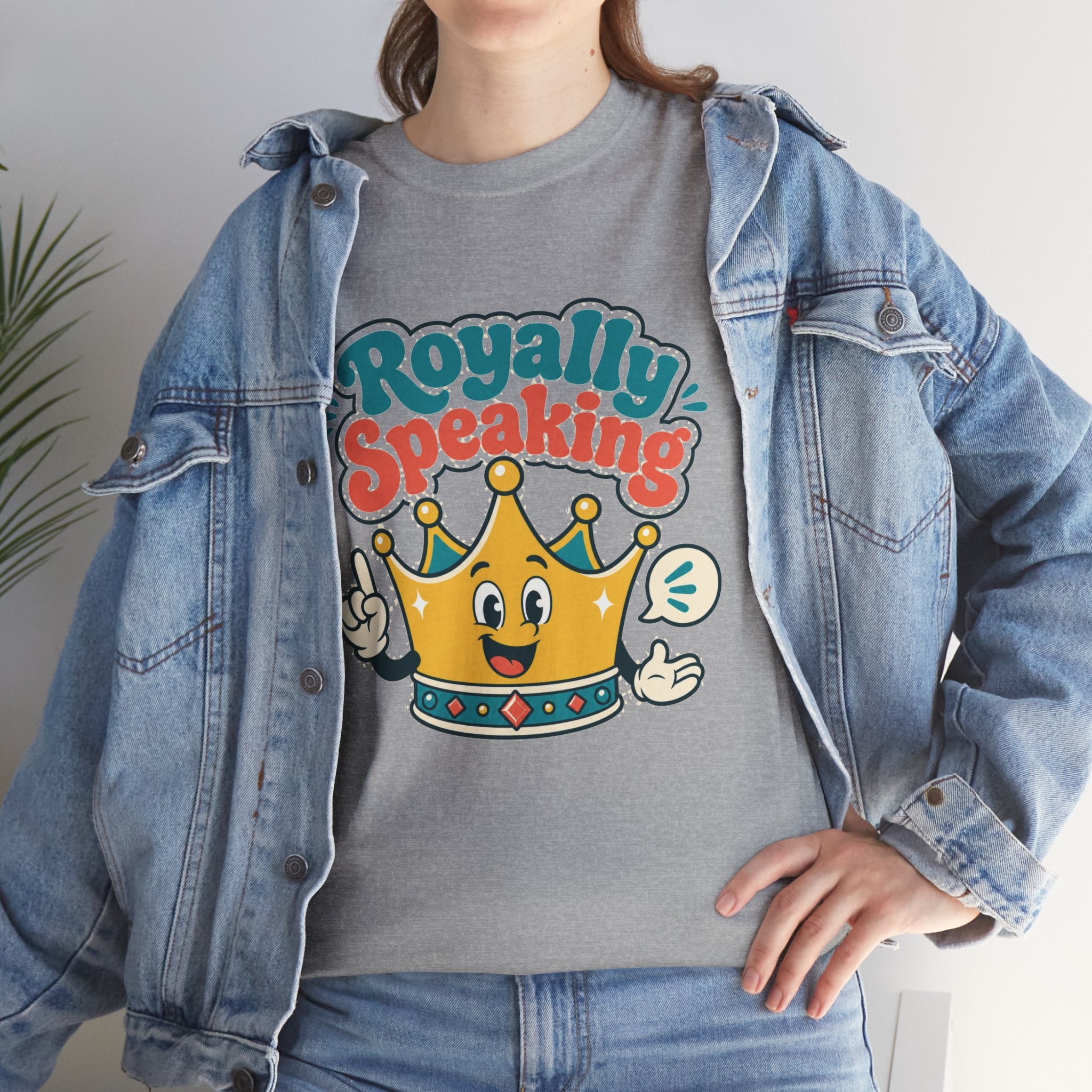 "Royally Speaking" Crown Graphic Tee — Cute Retro Cartoon King T‑Shirt -- Gildan 5000