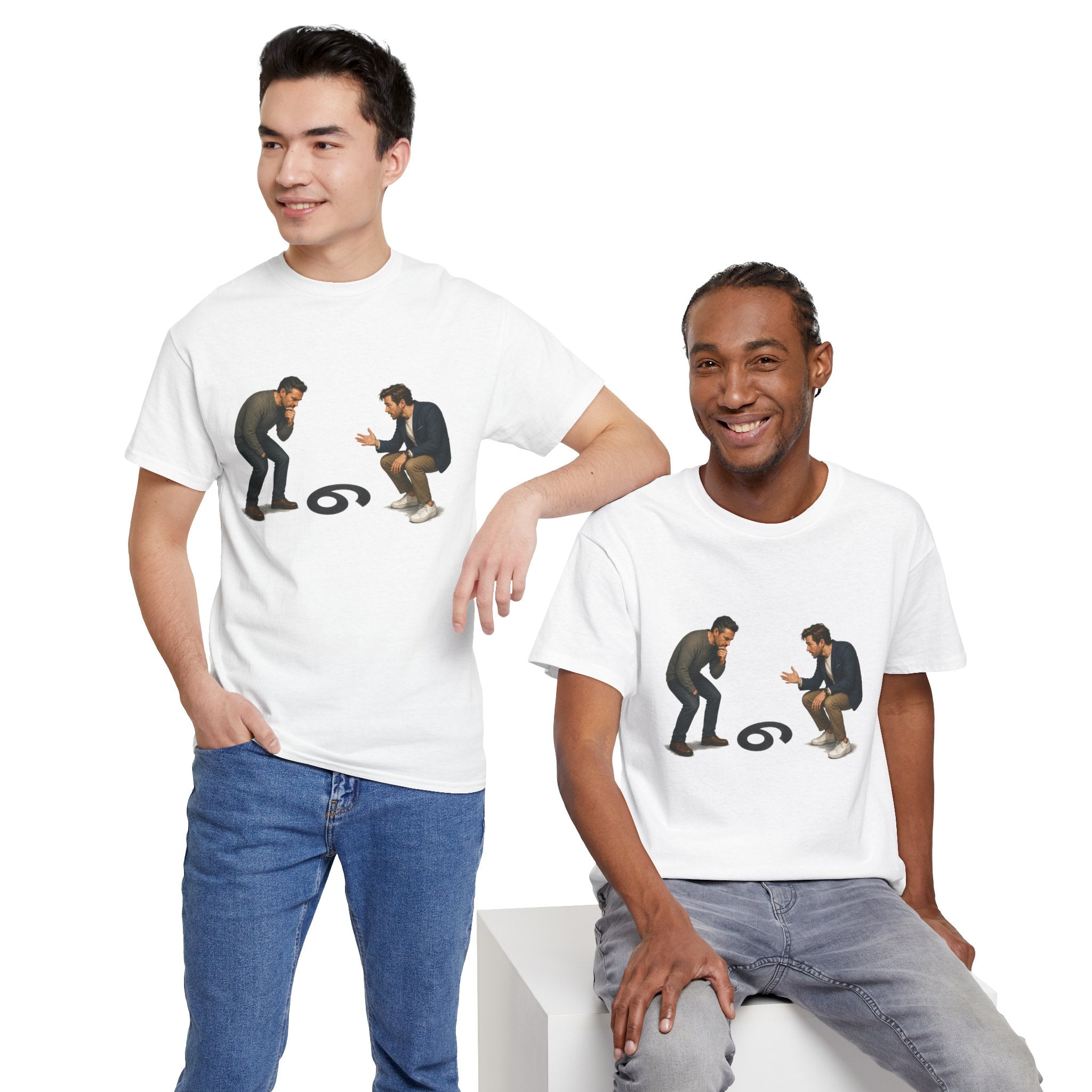 "9 or 6" Men Squatting Over Confusion Graphic Tee -- Gildan 5000