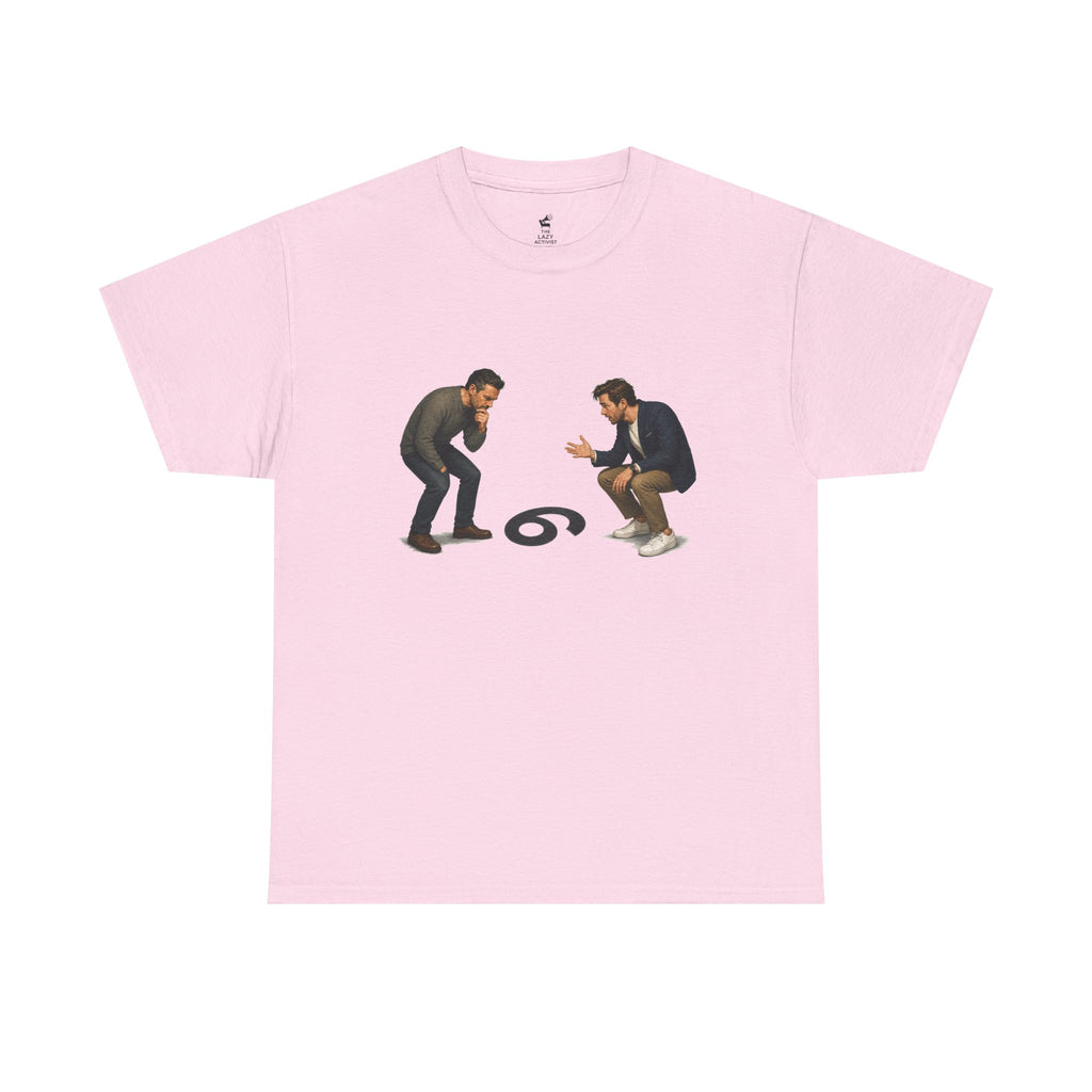 "9 or 6" Men Squatting Over Confusion Graphic Tee -- Gildan 5000