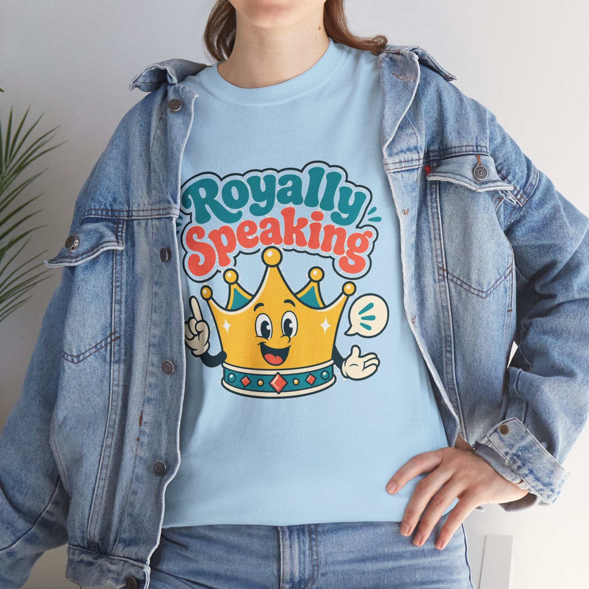 "Royally Speaking" Crown Graphic Tee — Cute Retro Cartoon King T‑Shirt -- Gildan 5000