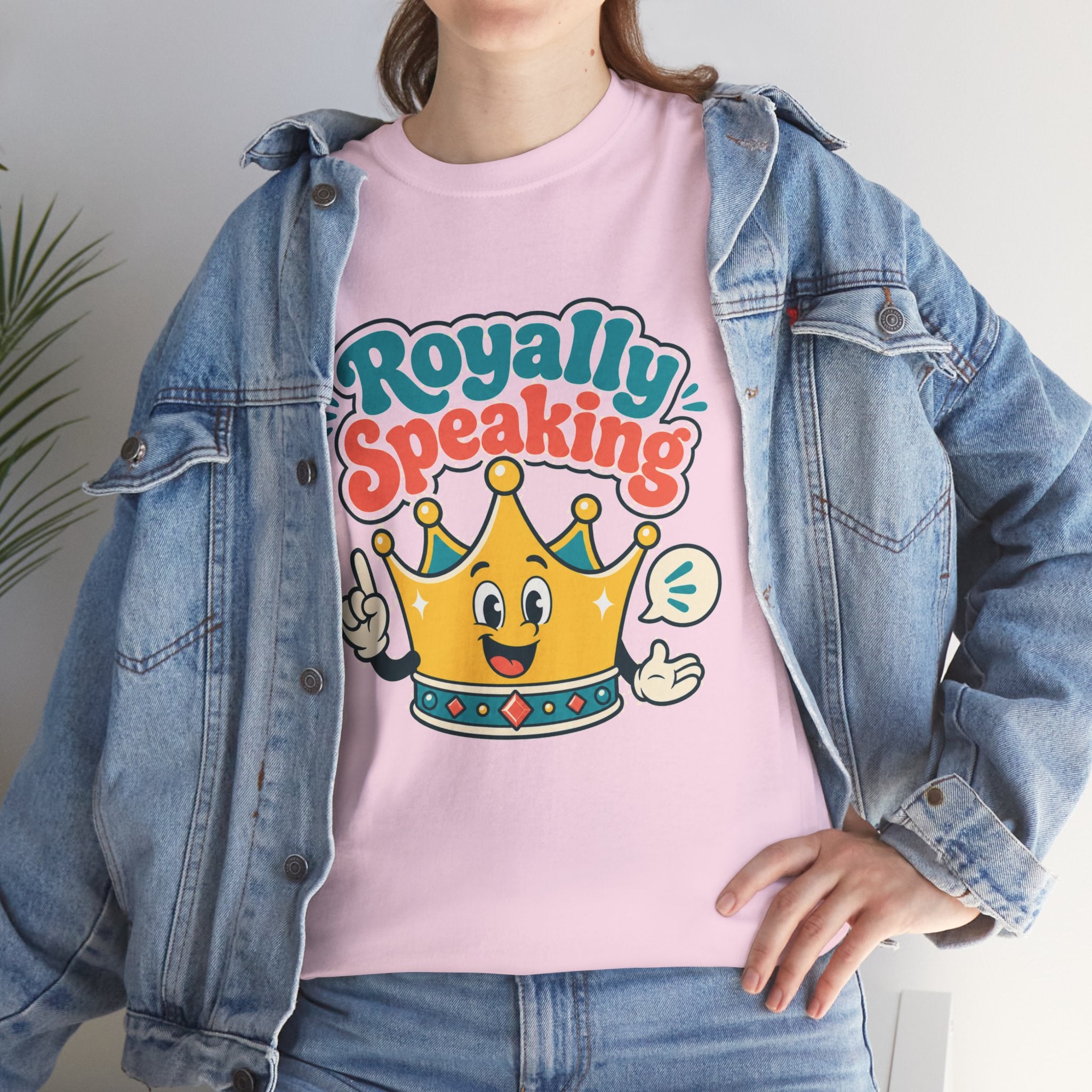 "Royally Speaking" Crown Graphic Tee — Cute Retro Cartoon King T‑Shirt -- Gildan 5000