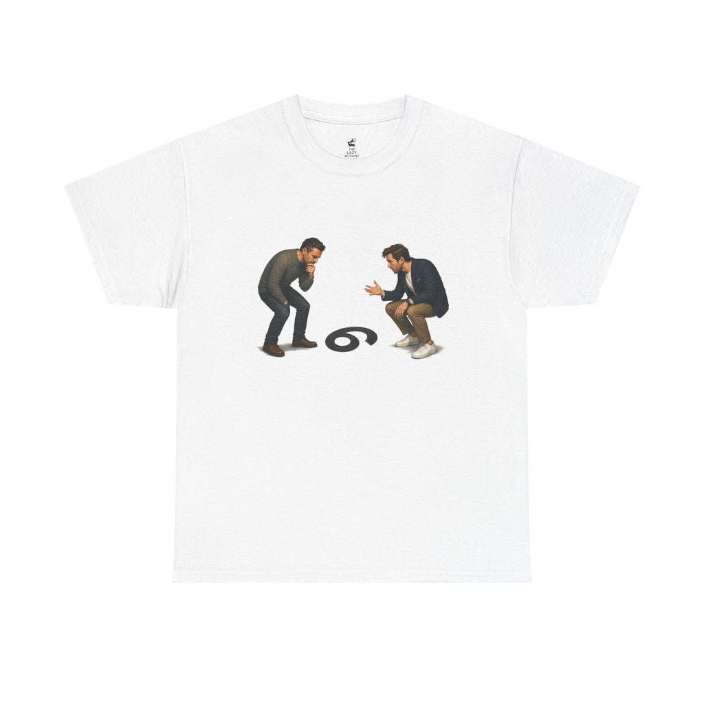 "9 or 6" Men Squatting Over Confusion Graphic Tee -- Gildan 5000