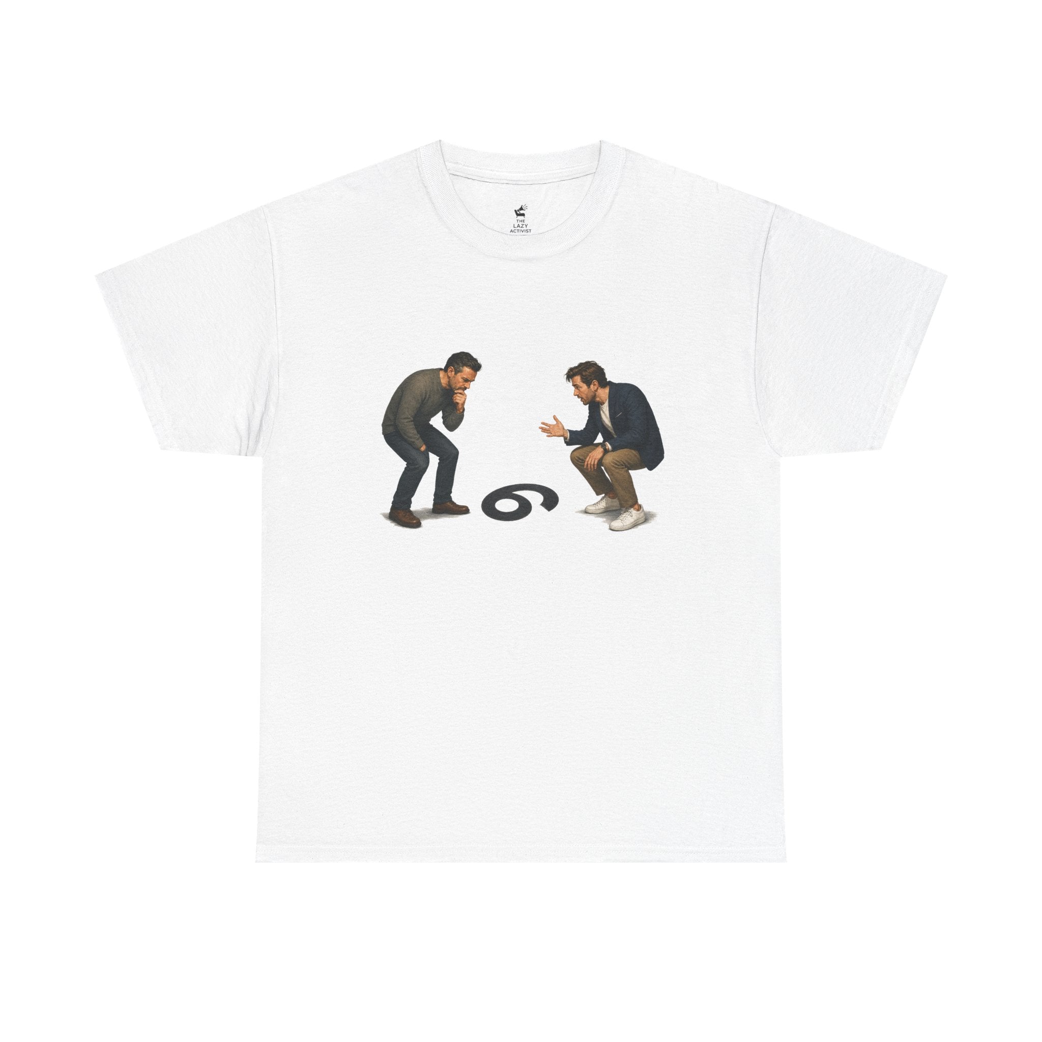 "9 or 6" Men Squatting Over Confusion Graphic Tee -- Gildan 5000