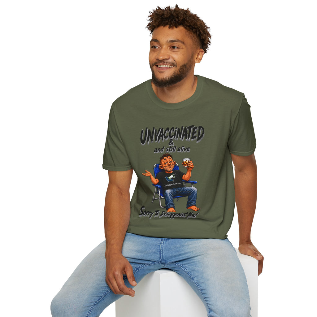 "Unvaccinated & Still Alive" Funny Retro Character Tee -- Gildan 64000