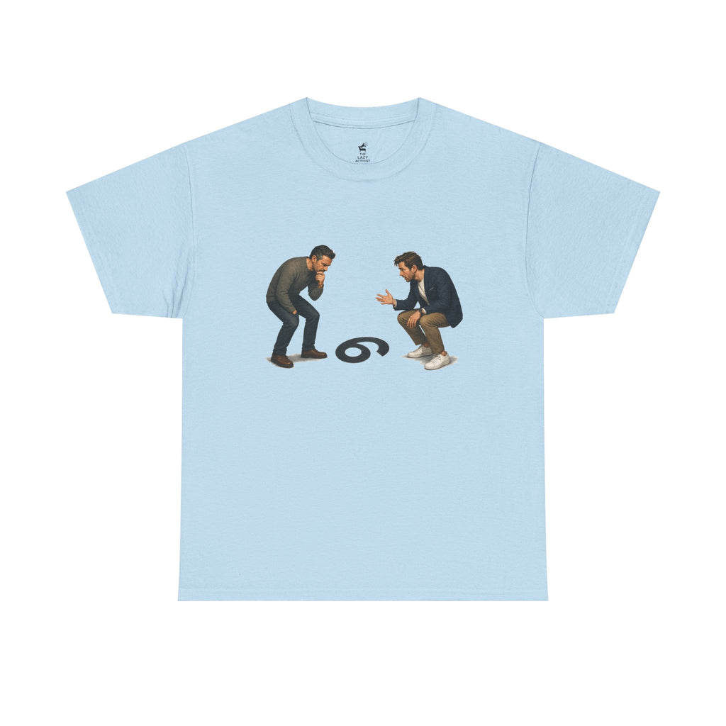"9 or 6" Men Squatting Over Confusion Graphic Tee -- Gildan 5000