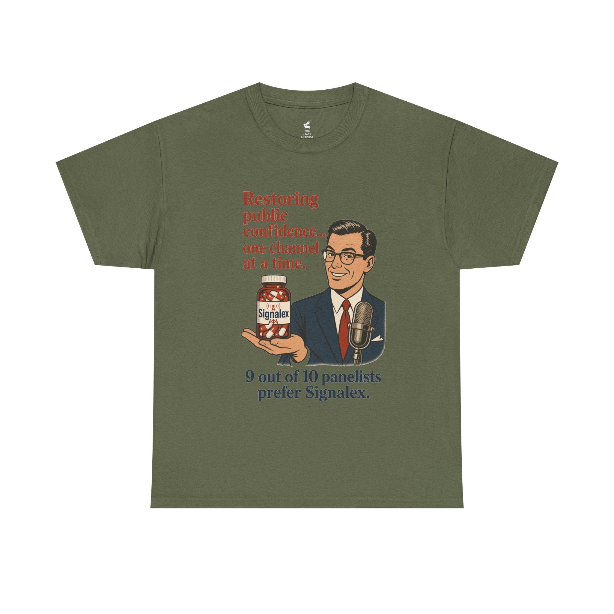 “Restoring public confidence… one channel at a time. 9 out of 10 panelists prefer Signalex.” Vintage Satire Tee -- Gildan 5000