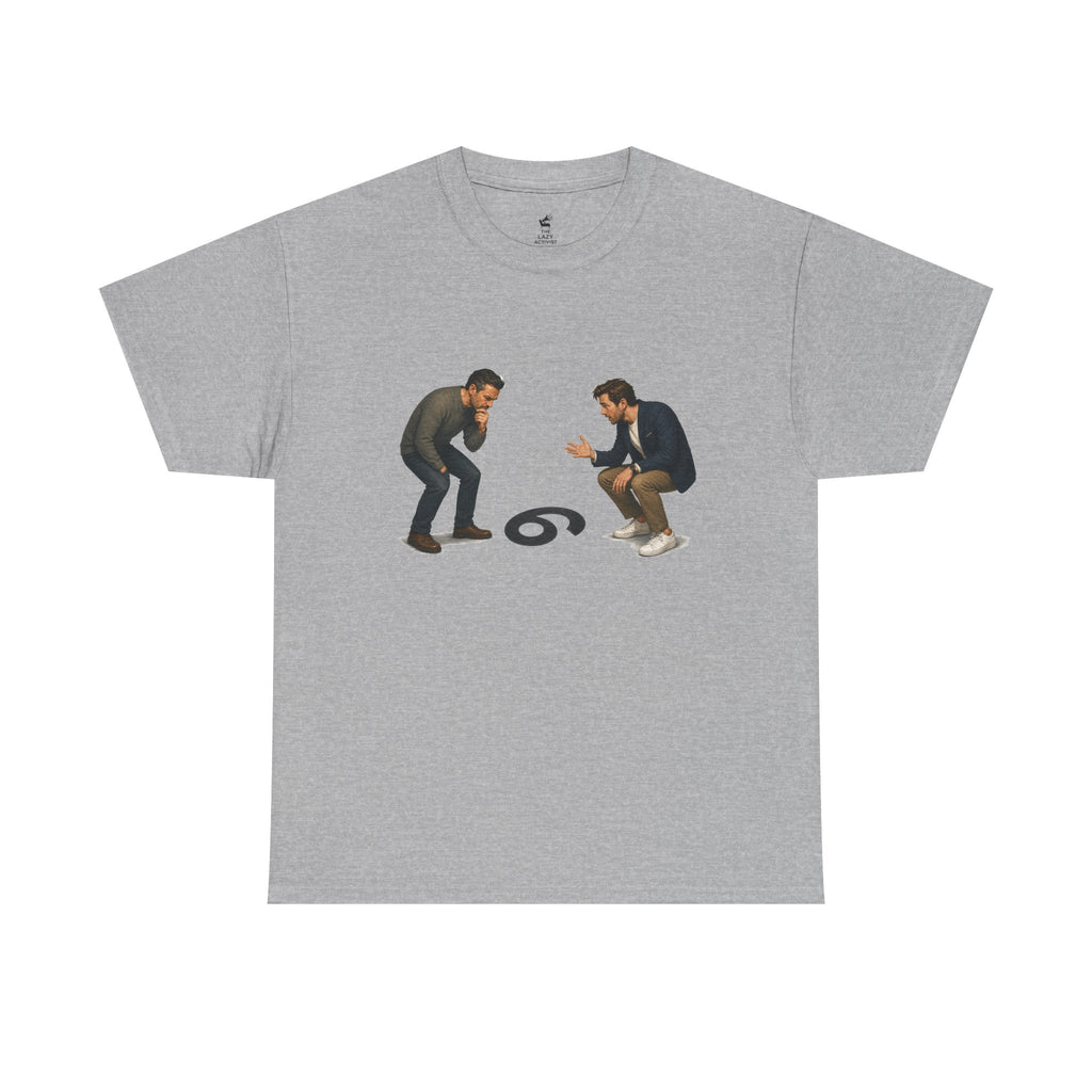 "9 or 6" Men Squatting Over Confusion Graphic Tee -- Gildan 5000